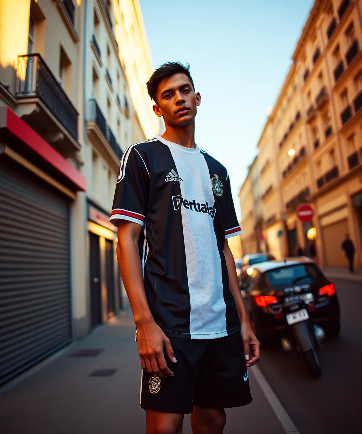 Model wearing a national team jersey on a Parisian street at golden hour